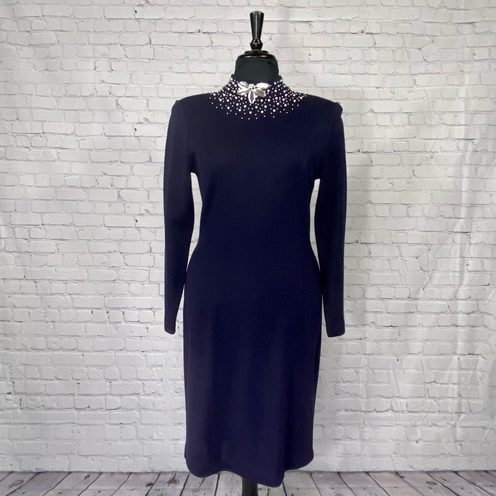 Outlander navy, pearl and jewel dress, high neckline, v shape open back, size M